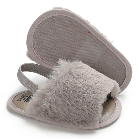 FE/&H Baby Girls Sandals Faux Fur Slippers with Elastic Back Strap Fuzzy Slides Fluffy Soft Flat First Walker Toddler Boy House Shoes 12-18 Months